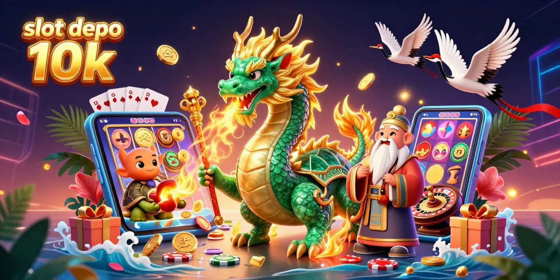 Experience the excitement of slot depo 10k with a magical scene featuring a jade dragon, turtle sage, and lucky cranes.
