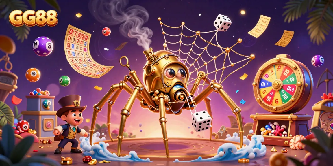 Experience GG88 with a steampunk spider weaving golden chains and lively gambling elements in an enchanting scene.
