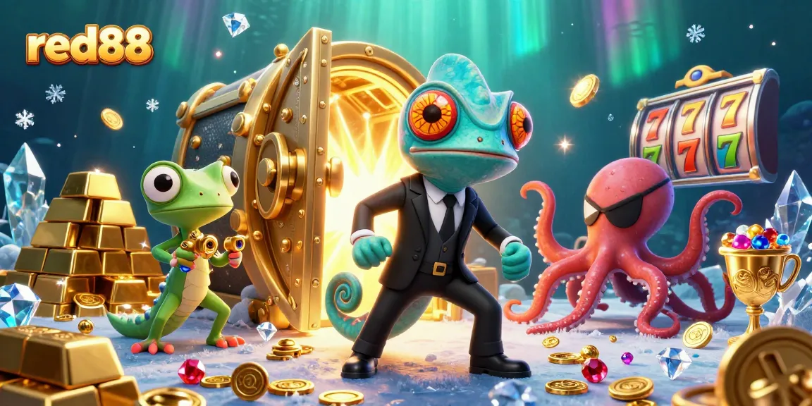 Experience thrilling adventures with red88 in a vibrant casino scene featuring engaging characters and treasures.