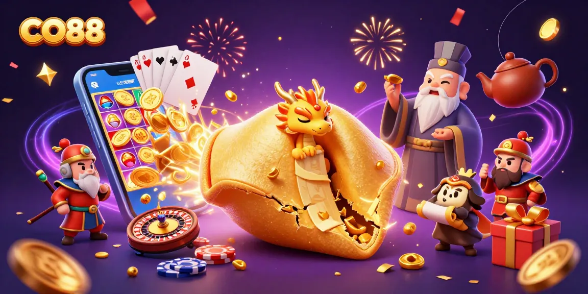 Spin the reels and win with CO88’s colorful slot game illustration featuring a golden cookie and dragon.