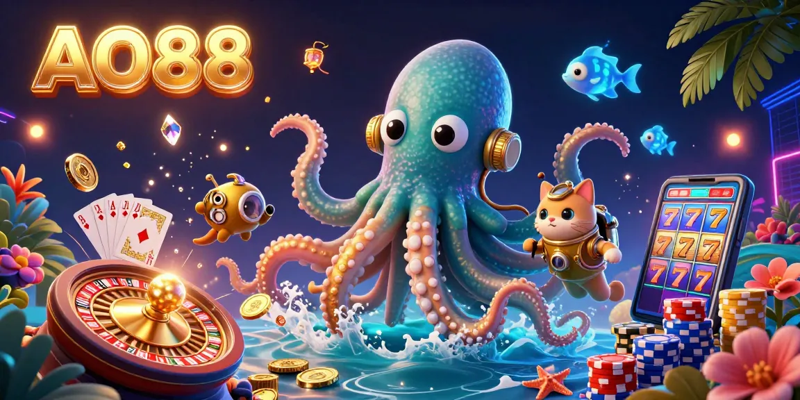 Engage in excitement at AO88 with a vibrant 3D illustration showcasing a kraken and a diving cat in a lively casino atmosphere.
