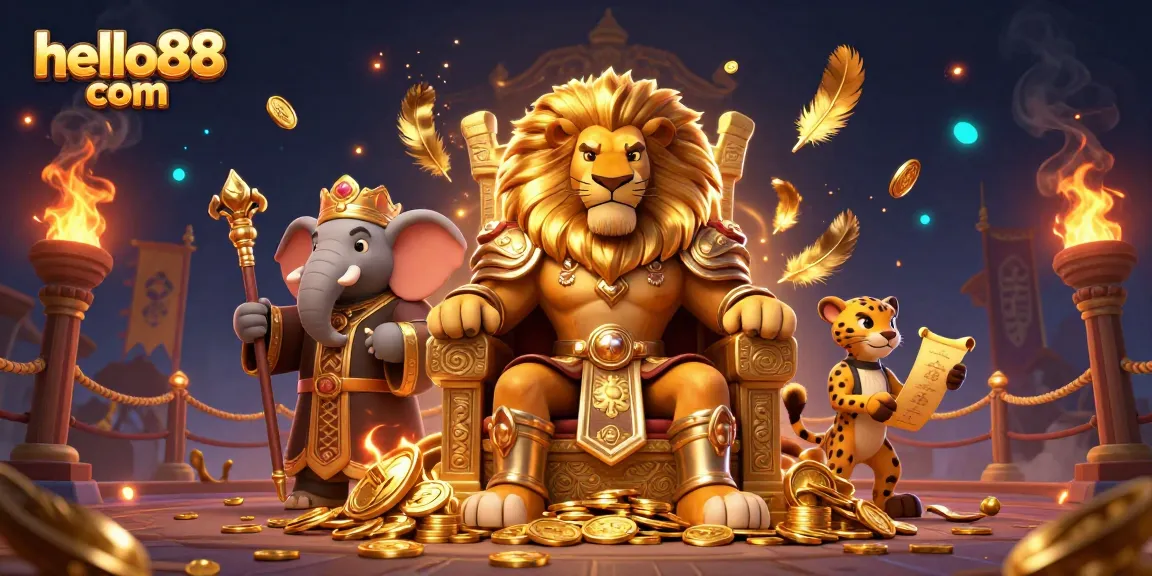 Betting with fortune at hello88 com, showcasing the lion king and vibrant casino elements
