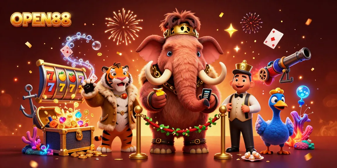 Engage with the colorful OPEN88 casino scene featuring a bouncer mammoth and VIP saber-tooth!