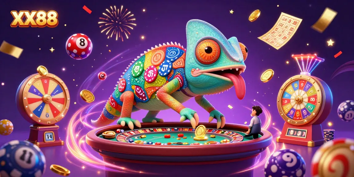 Experience thrilling moments at XX88 casino with a chameleon character surrounded by vibrant game elements.