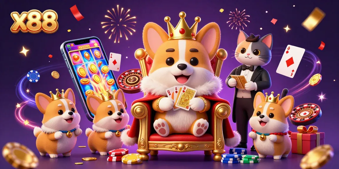Experience thrilling action at x88 with a royal corgi and a cat butler promoting exciting casino games.