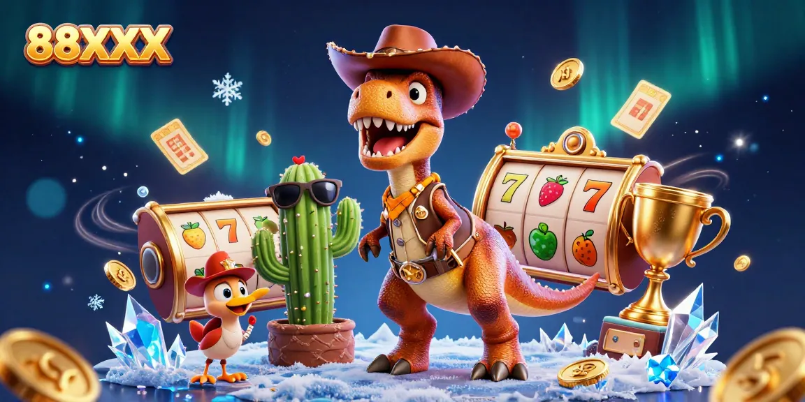 Experience the thrilling 88XX casino adventure with T-Rex, cactus and roadrunner characters amidst dynamic slot action.