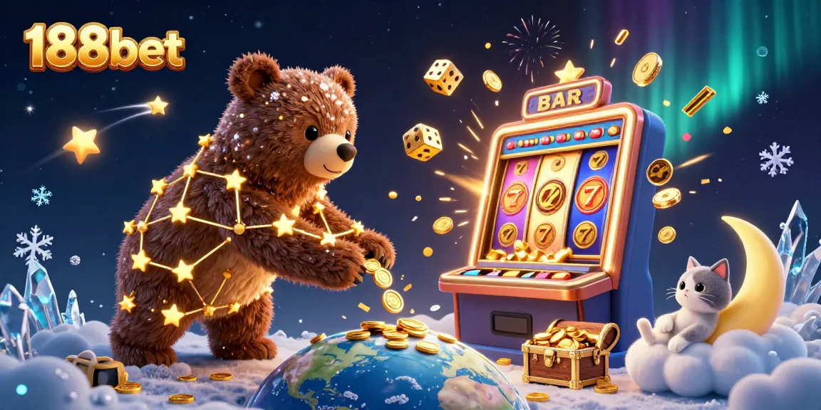 Experience excitement with 188bet as a constellation bear scoops coins from Earth, surrounded by vibrant casino elements.
