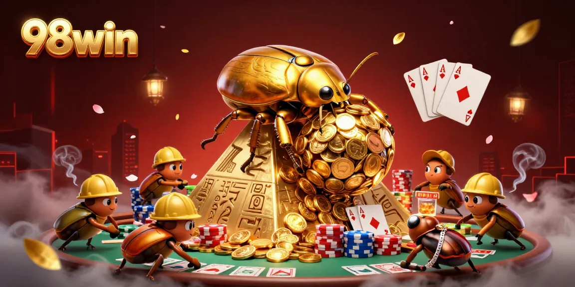 Engage with the 98win universe, featuring dynamic golden beetles in action with vibrant gambling elements.