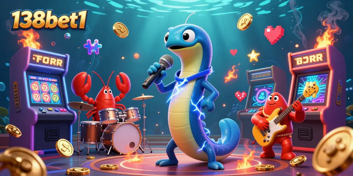 Experience thrilling games at 138bet1 with a vibrant underwater casino scene featuring electric eel DJing.