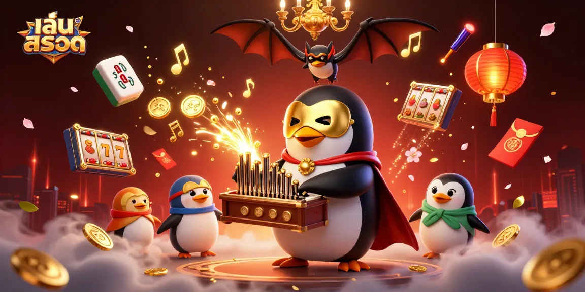 Spin to win while playing slots in a magical casino setting with a penguin playing music.