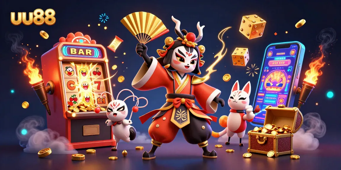 Experience thrilling wins with uu88 in this vibrant 3D casino scene, showcasing thrilling slot machines and exciting game elements.