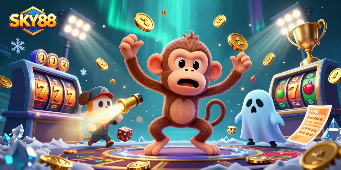 Join the gaming excitement at SKY88 with spirited characters amidst rich slot machine action.