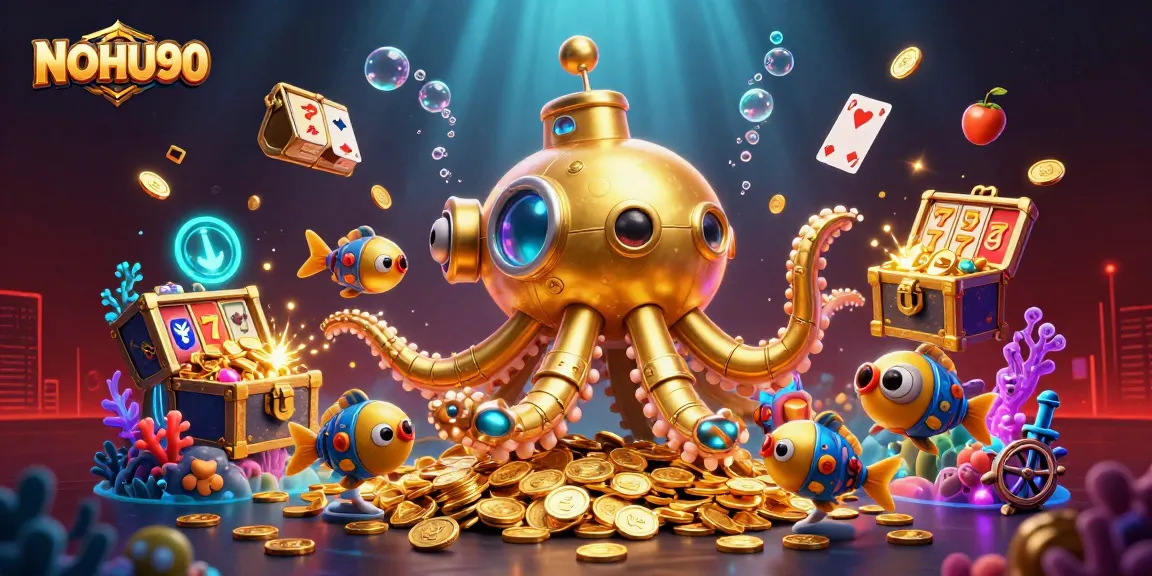 Engage in high-stakes gaming at NOHU90 with vibrant 3D illustration of golden kraken submarine and treasure explosion.