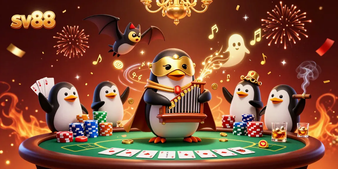 Engage with sv88 online casino action featuring a penguin organist amidst poker elements.