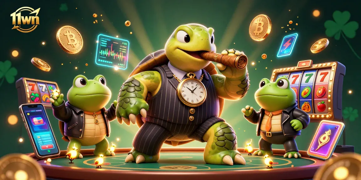 Engage with the 11wn casino world featuring a styled turtle in a mobster suit and crypto vibes.