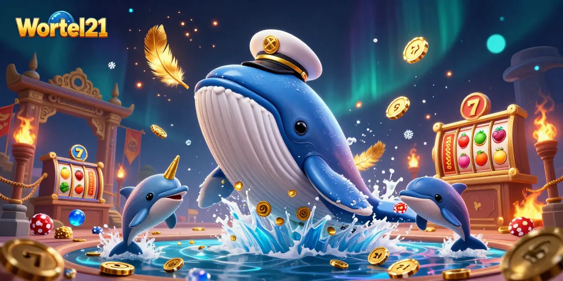 Wortel21 showcases a vibrant casino scene with a cartoon whale and playful dolphins amidst dazzling slot machines.