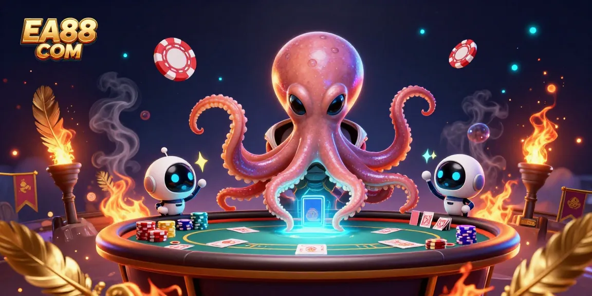 Experience thrilling poker gameplay with EA88 COM's dazzling alien octopus dealer at a lively holographic table.