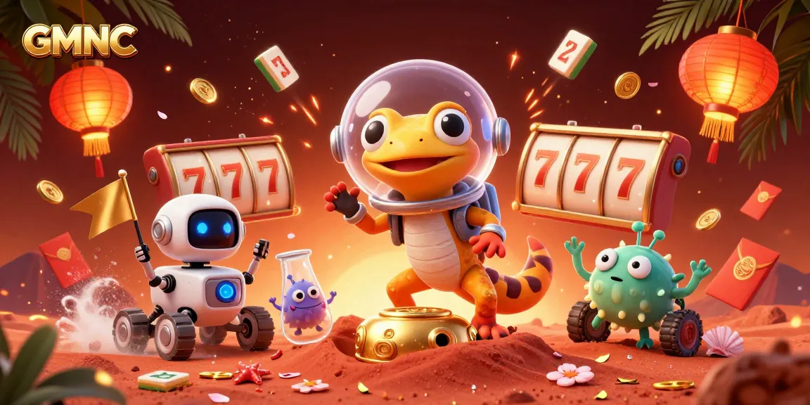 GMNC Martian gecko spinning golden slot reels, cheering alien bacteria, and rovers celebrating.