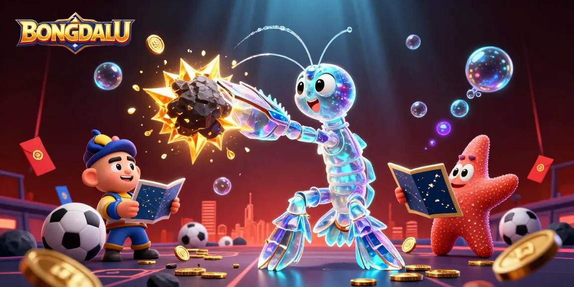 BONGDALU sports betting scene with a galactic samurai and starfish amidst coins and stadium elements.