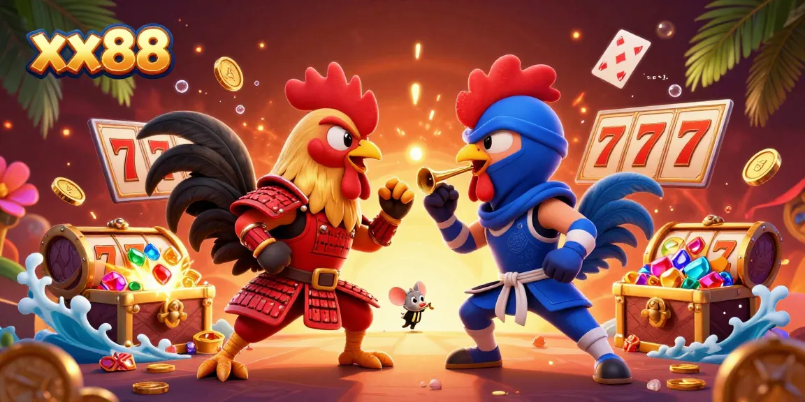 Experience the thrill of xx88 casino with dynamic cartoon roosters battling amidst vibrant gaming elements.
