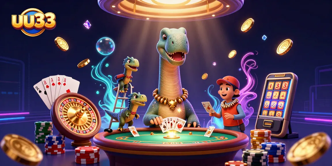 Experience excitement with uu33's vibrant casino scene featuring a raptor dealing cards and sparkling elements.