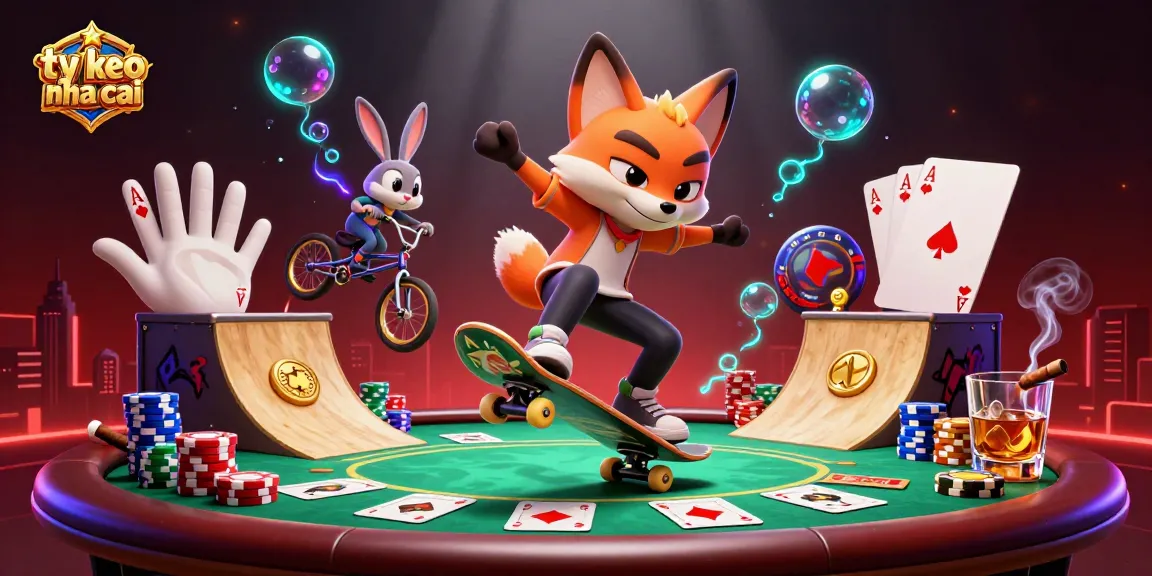 Engage with ty le keo nha cai as a 3D cartoon skateboarding fox kicks over poker chips in a vibrant casino scene.
