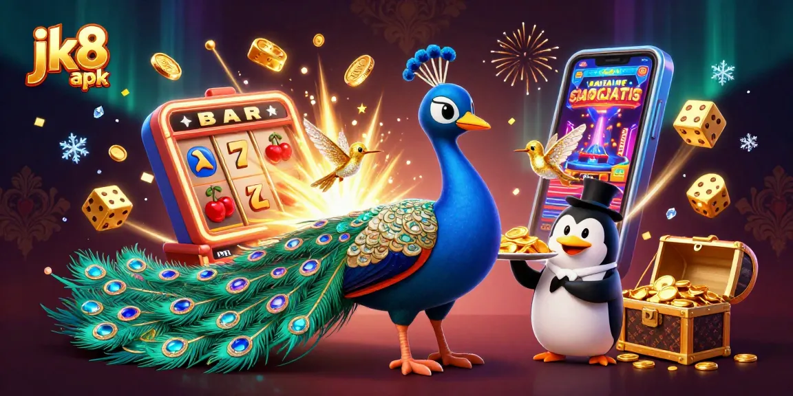Engage with the best of JK8 apk in this vibrant 3D casino illustration showcasing slots and character interactions.