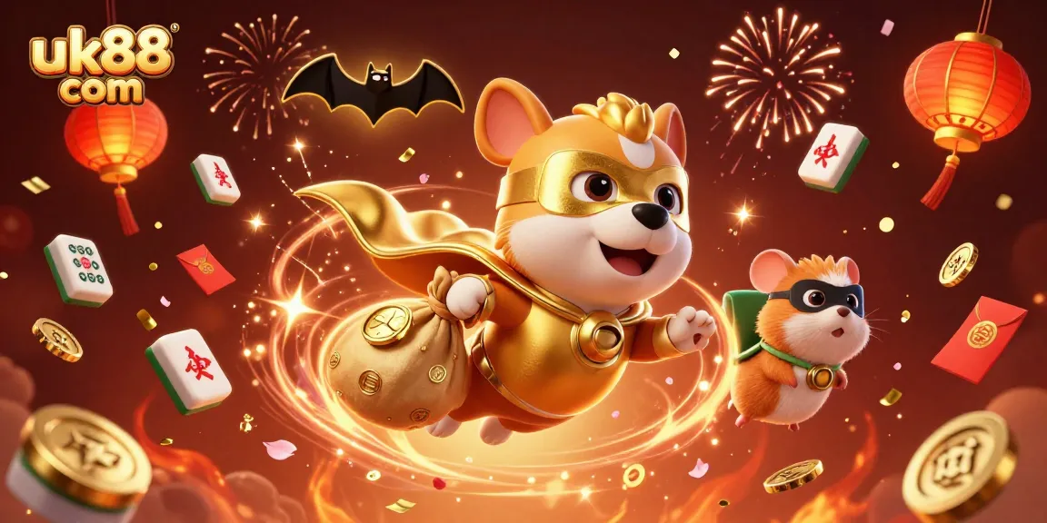 Experience the thrill of winning at uk88 com with a 3D superhero dog carrying gold coins surrounded by vibrant casino elements.