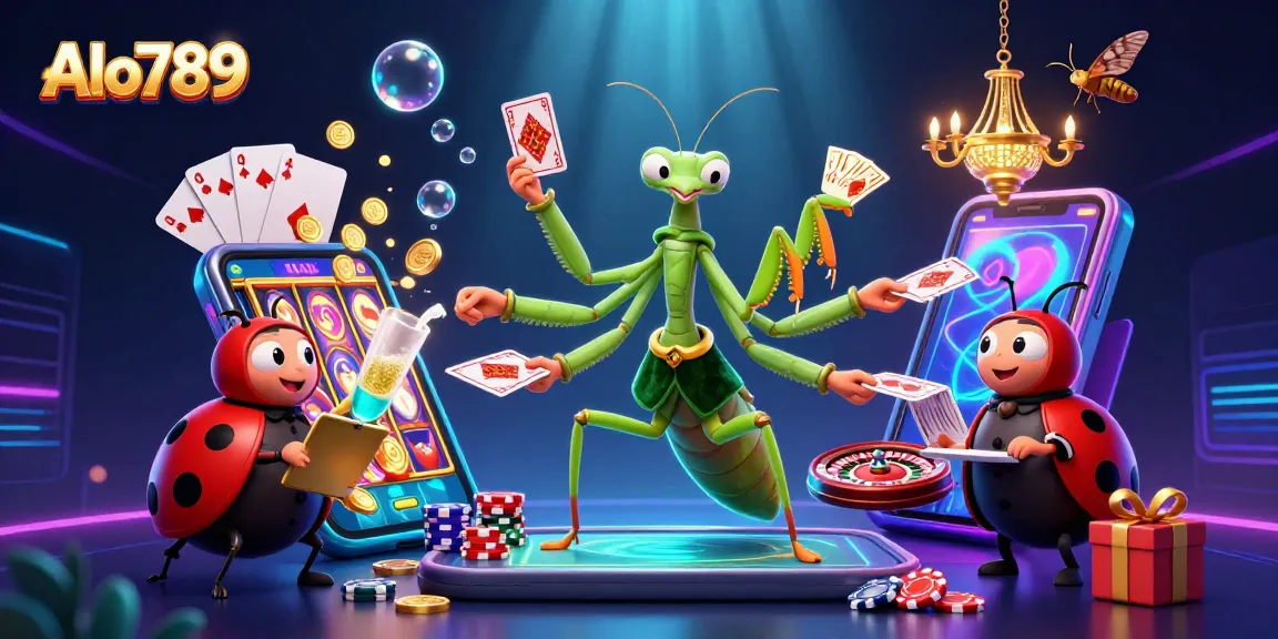 Alo789 transforms gaming excitement with a lively illustration of a mantis card dealer and ladybug pit boss amidst vibrant casino elements.