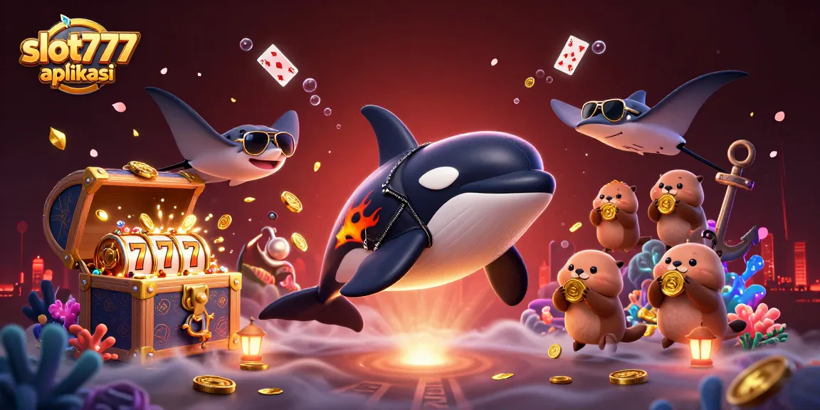 Experience thrilling gameplay with slot777 aplikasi as a vibrant orca, stingray, and otters celebrate winnings among golden coins.