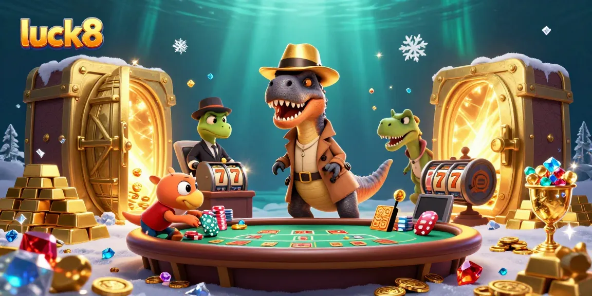 Engage with luck8's thrilling blackjack action featuring a cartoon velociraptor card counter and gold gems.