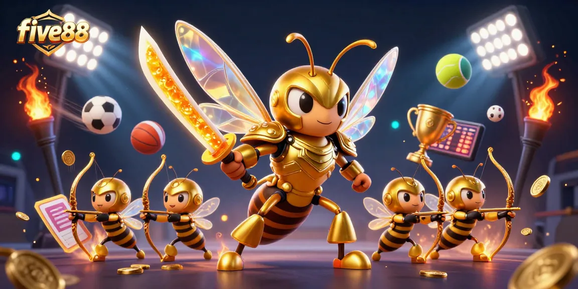 Engage with five88 in this colorful 3D scene featuring golden hornet samurai and dynamic sports elements.