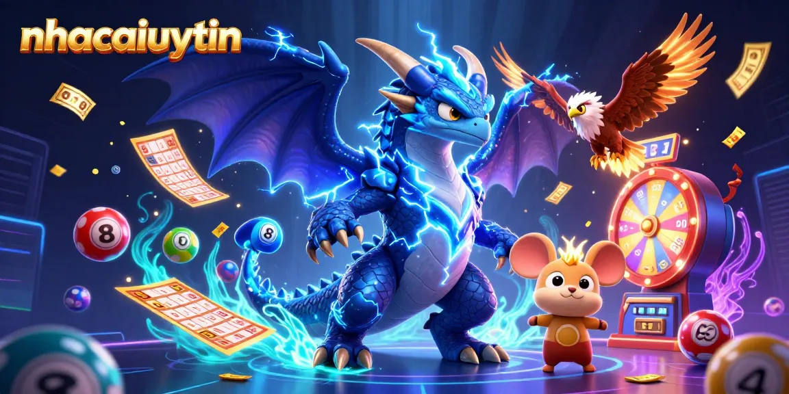 Engage with exciting games at nhacaiuytin, featuring lively lottery balls, a dynamic dragon, and vibrant casino elements.