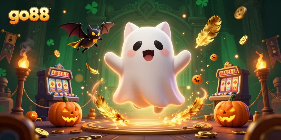 Experience exciting wins at go88 with a ghost cat and vampire bat in a haunted casino scene!