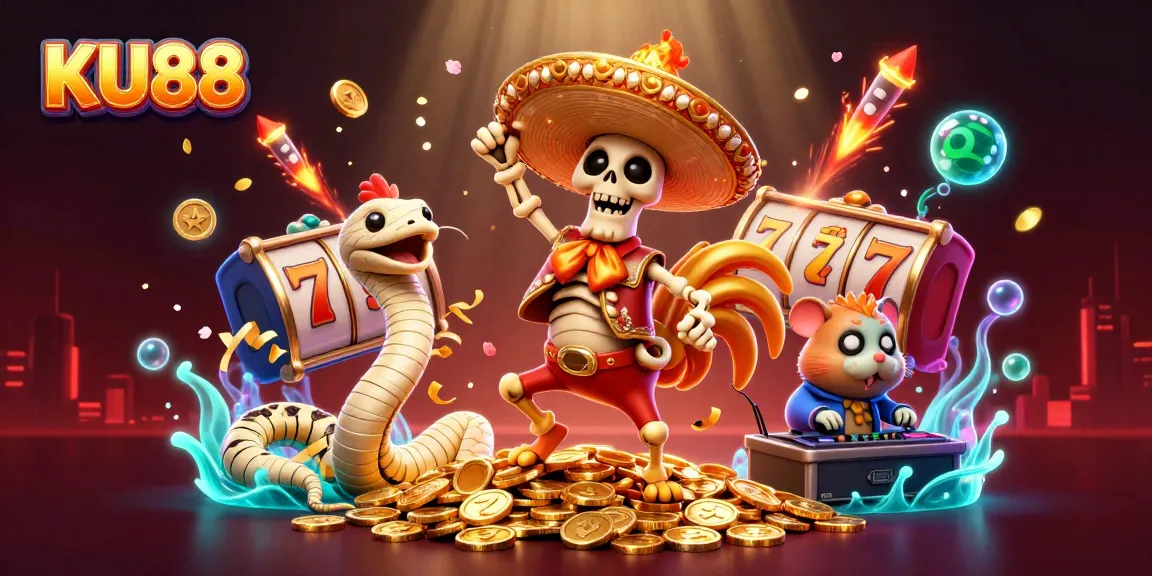 Experience the vibrant gaming world of KU88 with animated characters celebrating on casino riches.