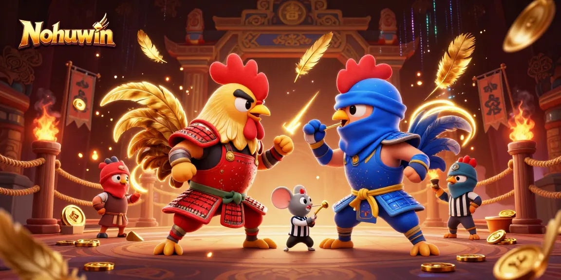 Nohuwin features dynamic roosters in a dramatic standoff amidst gambling elements and golden treasures.