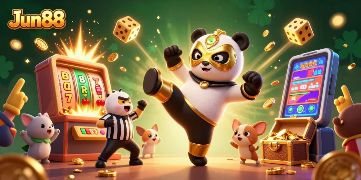 Experience thrilling wins with Jun88 as a panda wrestler leaps for jackpot coins in a colorful casino!