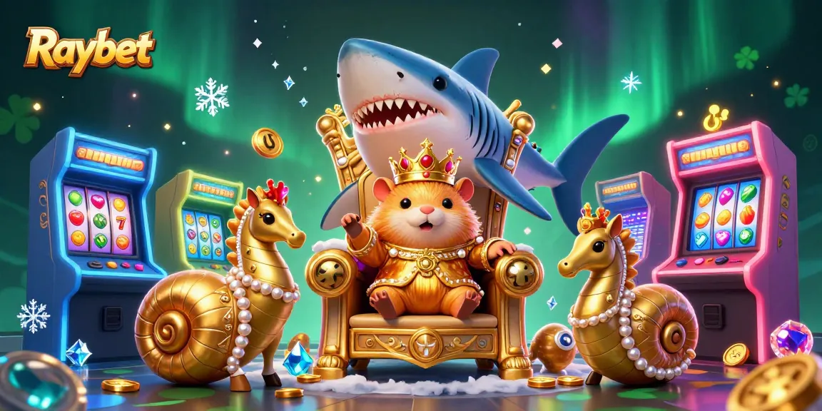 Experience the excitement of Raybet with a vibrant 3D illustration of a hamster king in a casino throne surrounded by slot machines.