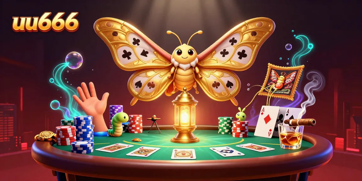 uu666 showcases golden-winged moth amid vibrant casino elements for immersive gaming.