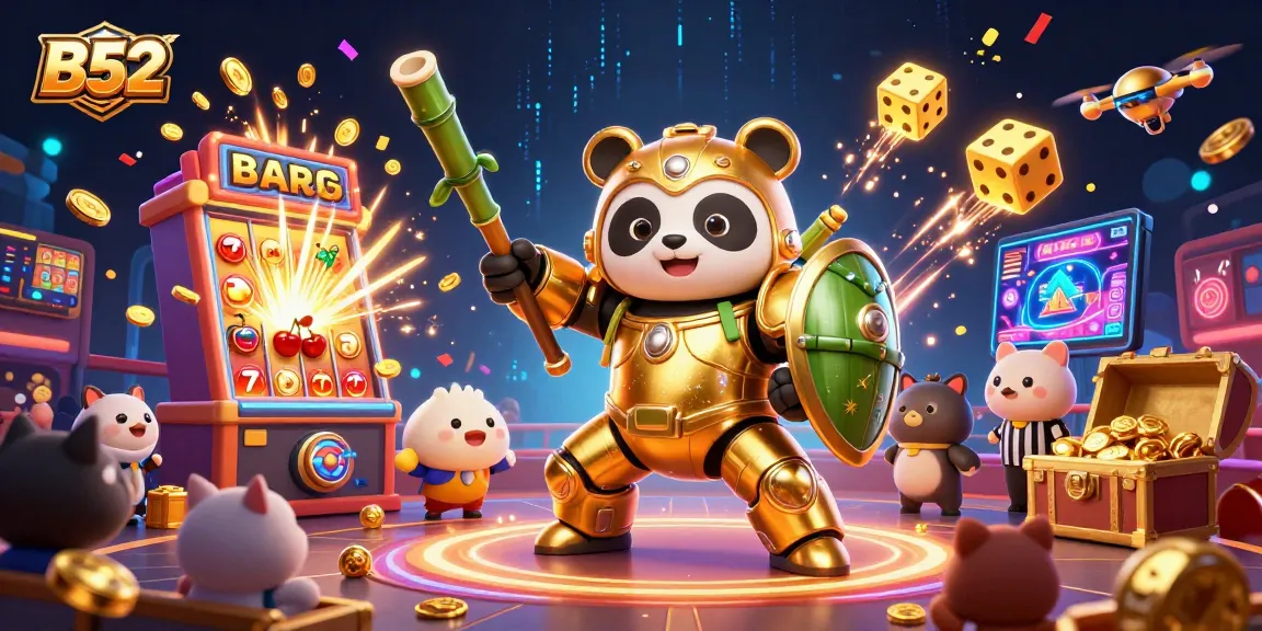 B52 players experience thrilling jackpots in an animated casino with golden panda pilots driving robot battles.