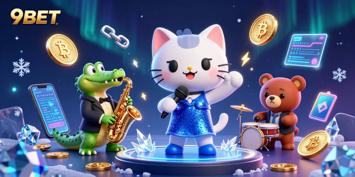 Engage with 9BET in a vibrant casino scene featuring a singing cat, a saxophone crocodile, and a drumming bear.