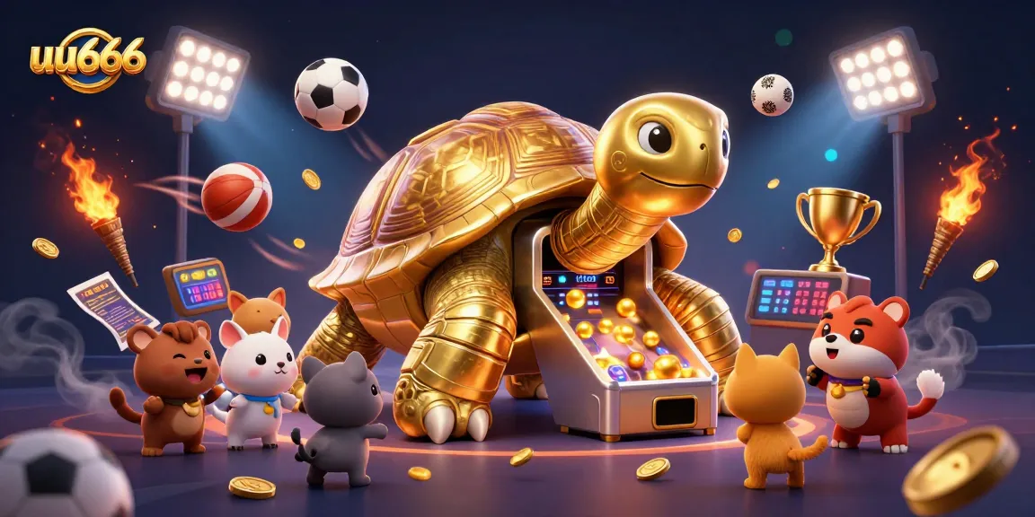 uu666 casino illustration showcasing a golden tortoise pinball machine with vibrant sports elements.