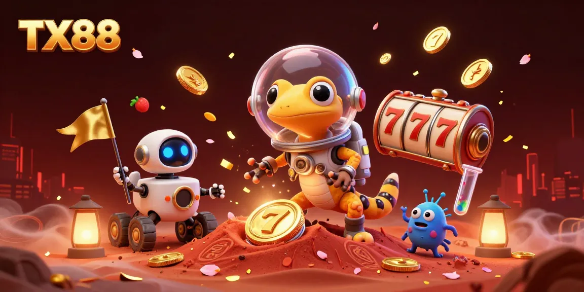 Engage with TX88 casino adventures featuring a Martian gecko discovering golden slots and rewards.