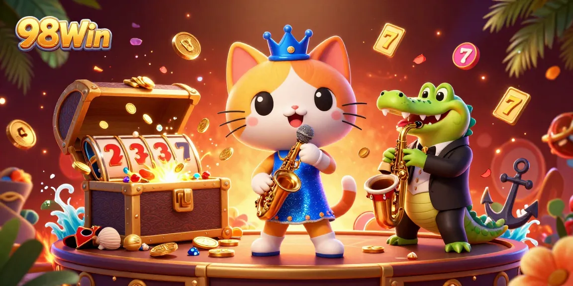 Experience exciting gameplay at 98Win with an engaging casino illustration of characters and themed elements.