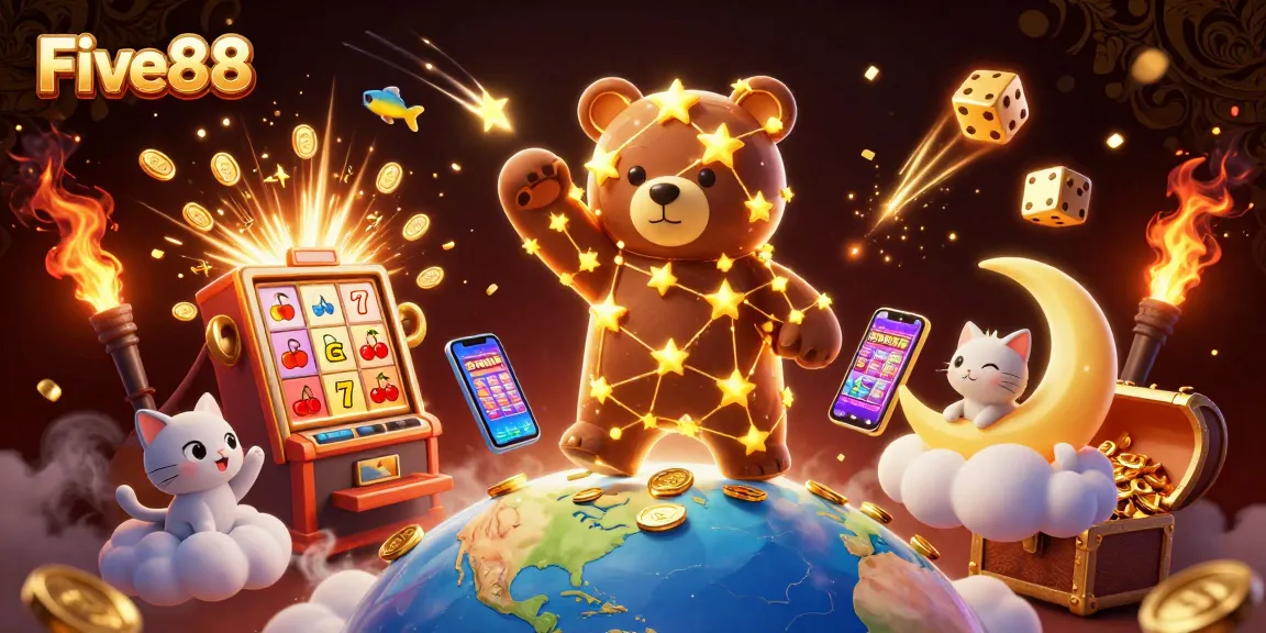 Experience the magic of Five88 as a cosmic bear scoops coins amid vibrant casino elements.