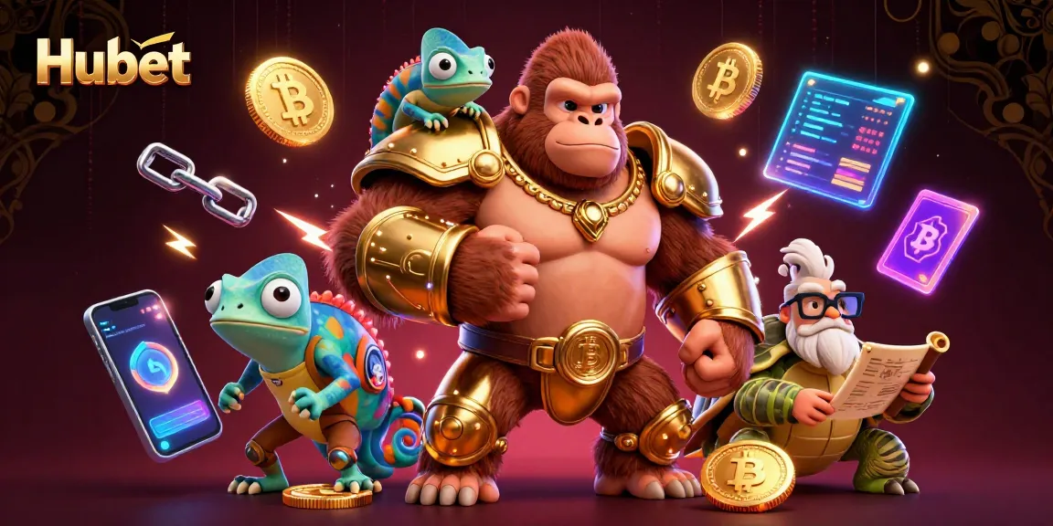 Hubet's animated gorilla king and colorful characters celebrate thrilling jackpots in this vibrant casino scene.
