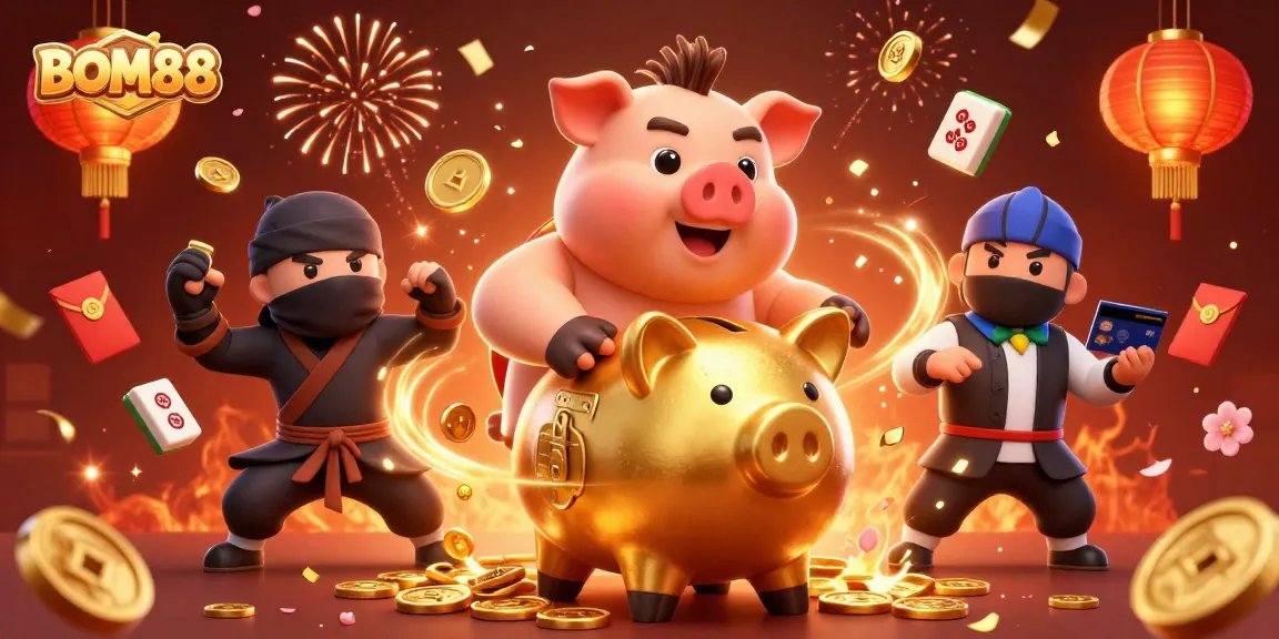 Experience the thrilling world of BOM88 with dynamic casino character action and festive elements.