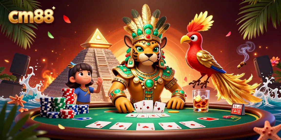 Engage in immersive poker games at cm88 with a vivid 3D illustration of an enchanting Mayan priest.