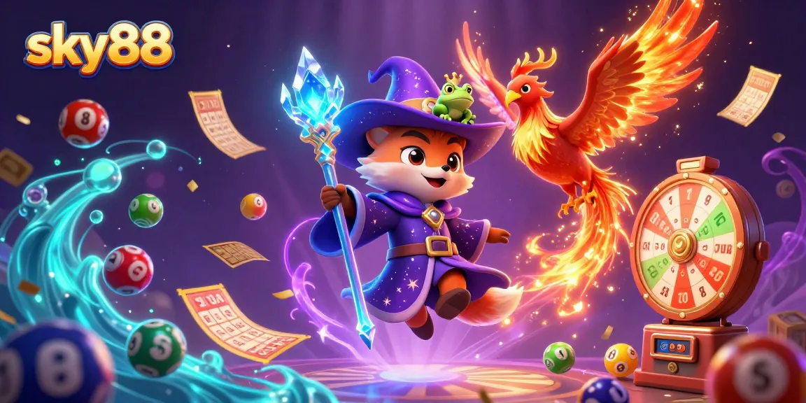 Engage with the thrilling world of sky88 through dynamic illustrations featuring a wizard and phoenix.