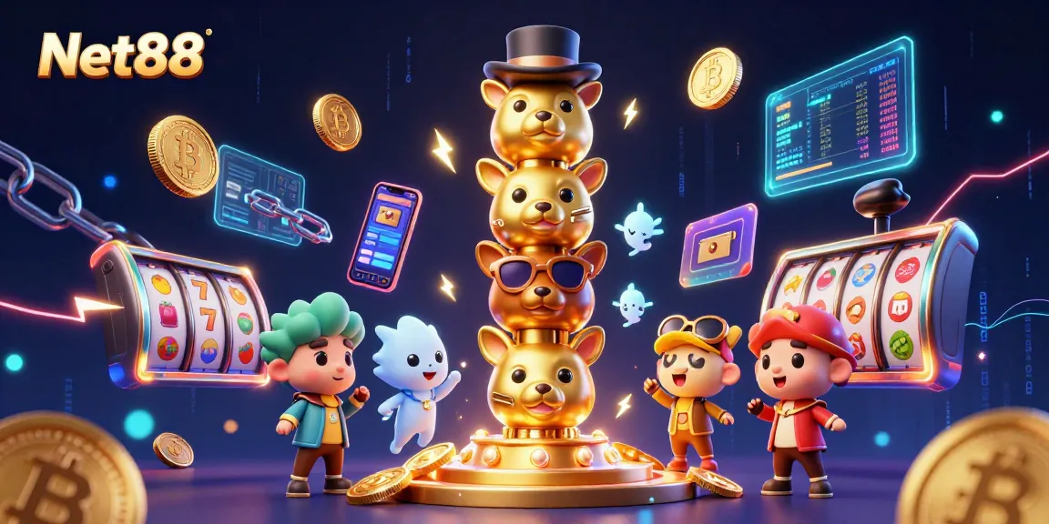Engage with the vibrant Net88 casino illustration featuring dynamic gaming elements and a golden totem pole.